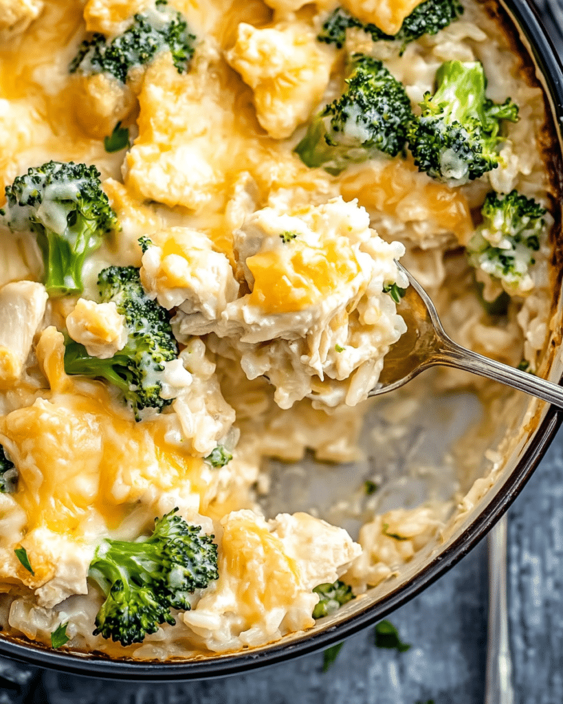 Cheesy Chicken and Broccoli Rice Casserole Delight