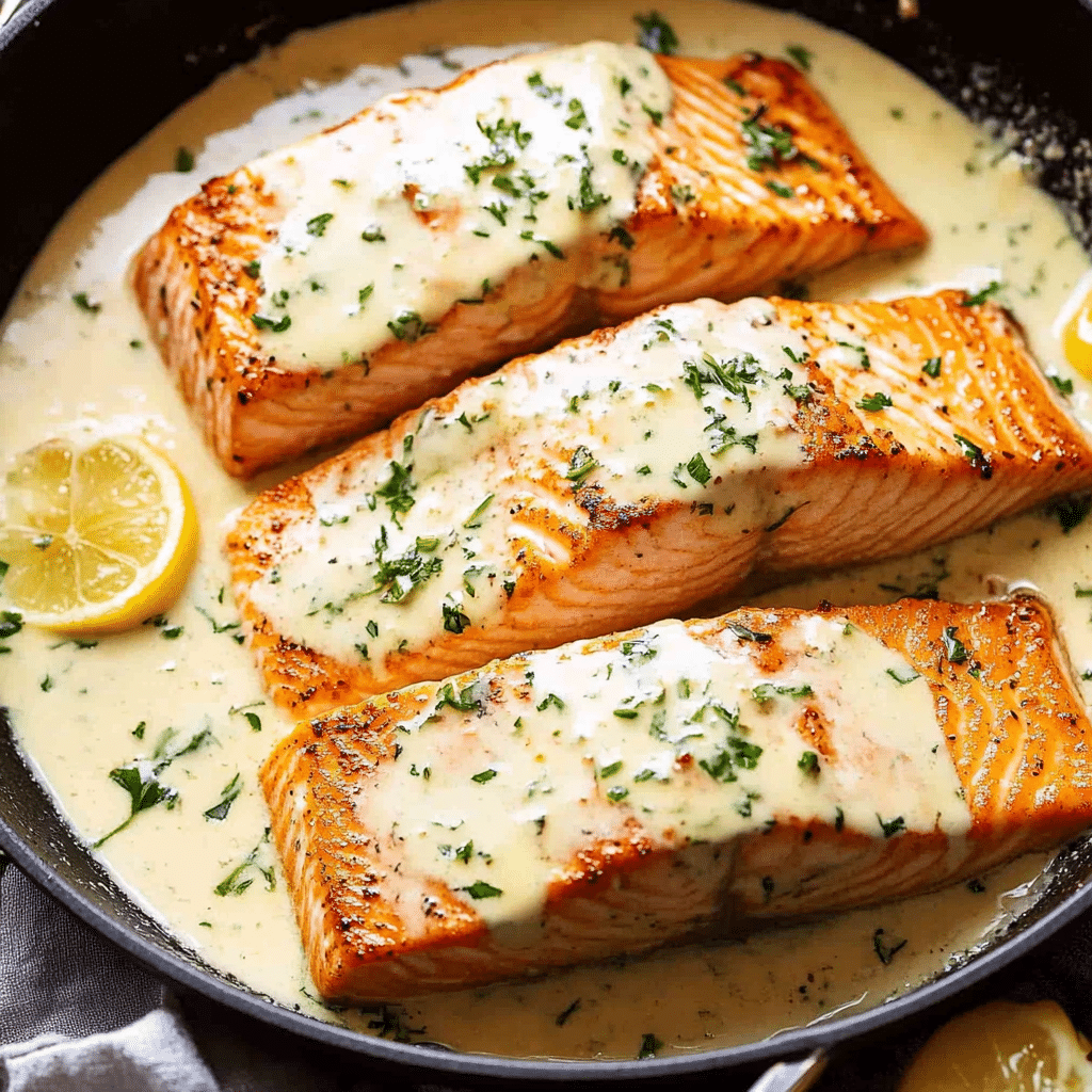 Creamy Pan Seared Salmon with Lemon Garlic Cream Sauce
