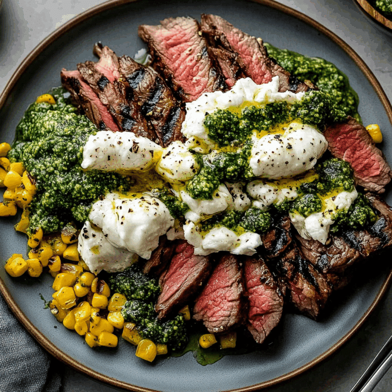 Grilled Flank Steak with Burrata & Pesto