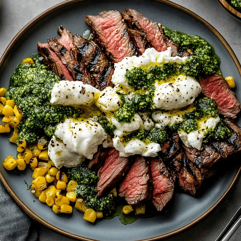 Grilled Flank Steak with Burrata & Pesto