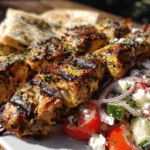 Air Fryer Chicken Souvlaki with Greek Salad
