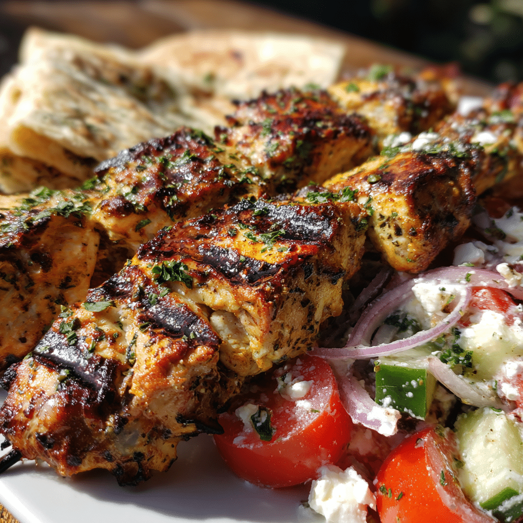 Air Fryer Chicken Souvlaki with Greek Salad