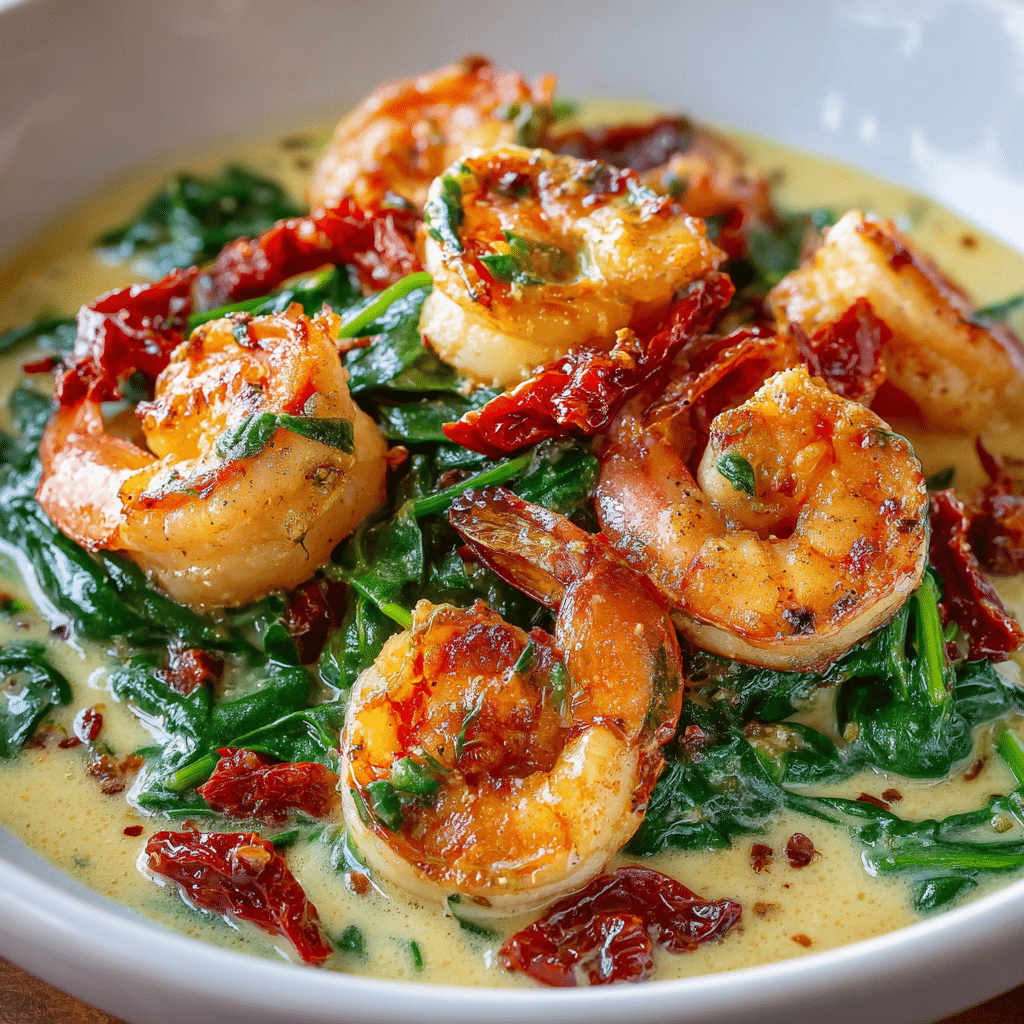 Creamy Tuscan Prawns with Spinach & Sun Dried Tomatoes