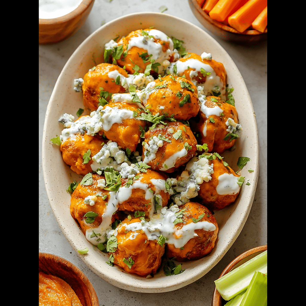 Buffalo Chicken Meatballs with Bleu Cheese Dip