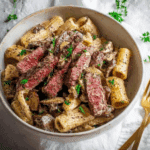Pasta with Steak and Caramelized Onion Cream Sauce