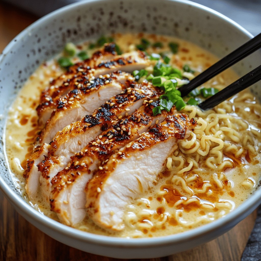 Fiery Chicken Ramen with Creamy Garlic Sauce